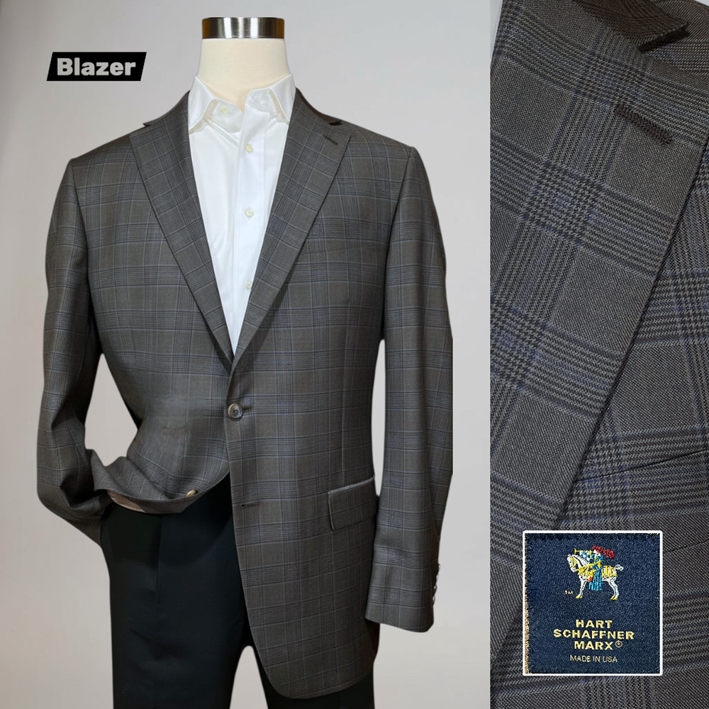 Hart Schaffner Marx 44L Taupe Brown Blue Glen Plaid Blazer Suit Jacket USA